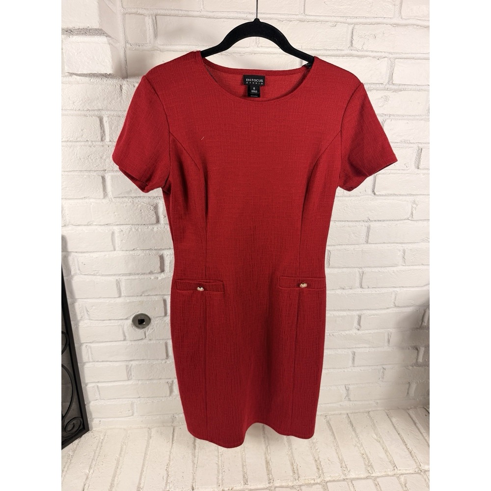 En Focus Studio Womens 6 Red Sheath Dress Gold Button Pockets Career Work